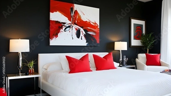 Fototapeta Modern Bedroom with Black Walls, Red Details, and Minimalist Lighting
