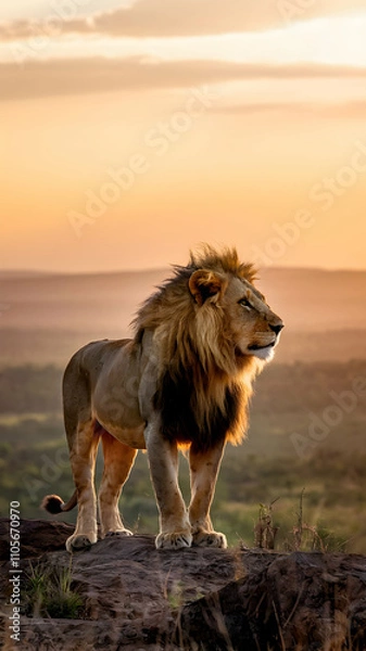 Obraz Majestic lion stands on rocky outcrop during sunset, mane flowing in light Vertical Mobile Wallpaper
