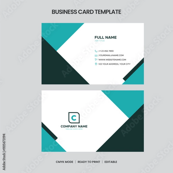 Obraz Clean, minimalist business card template featuring teal and dark green accents. Includes contact info logo space. CMYKready, printable, editable.