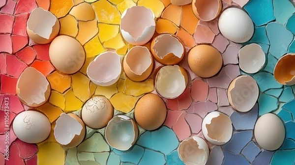 Fototapeta Colorful eggshells scattered on a vibrant mosaic background.