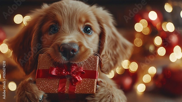 Fototapeta Christmas concept. A cute little Golden retriever dog with a red gift box in its mouth with a bokeh light background. Generative AI.