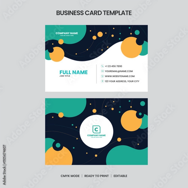 Obraz Two modern business card designs featuring abstract teal, orange, and dark backgrounds. Contact info included. CMYK readytoprint format.