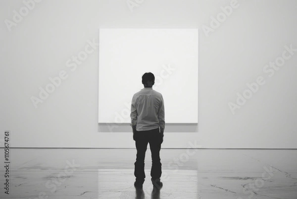 Fototapeta horizontal black & white image of a man standing in front of a blank squared painting in a gallery, mockup space