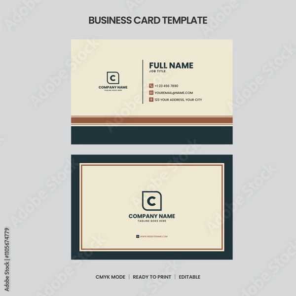 Obraz Modern business card template featuring a cream background, dark teal accents, and a minimalist C logo. Includes contact details and is ready to print.