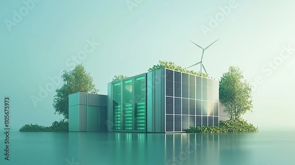 Obraz Green data center powered by solar and wind, sustainable tech, 3D illustration