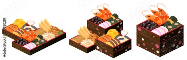 Obraz アイソメトリックで描いたおせちのイラストセット（ベクター）