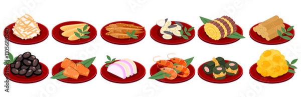 Obraz アイソメトリックで描いたおせちのイラストセット（ベクター）