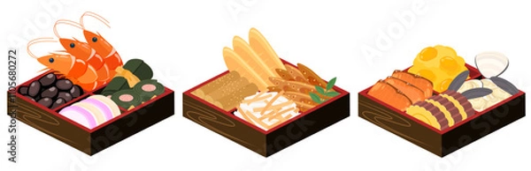 Obraz アイソメトリックで描いたおせちのイラストセット（ベクター）