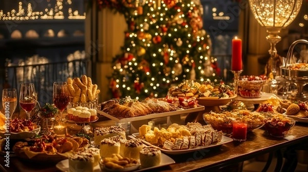 Fototapeta 食べ物, ビュッフェ, サラダ, マーケット, フルーツ, レストラン, テーブル, 食事, 健康な, 野菜, おいしい, ダイナー, 肉, ケータリング, 新鮮, 赤, 皿, 魚, 軽食, 野菜, 緑, 料理, ランチ, おいしい, スーパー,generative ai