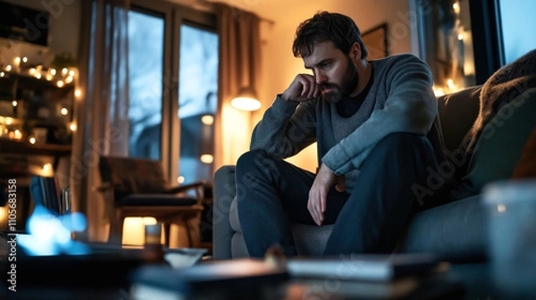 Fototapeta Man sitting on a sofa in a cozy dimly lit living room, looking thoughtful and contemplative, with string lights and soft furnishings creating a warm atmosphere.