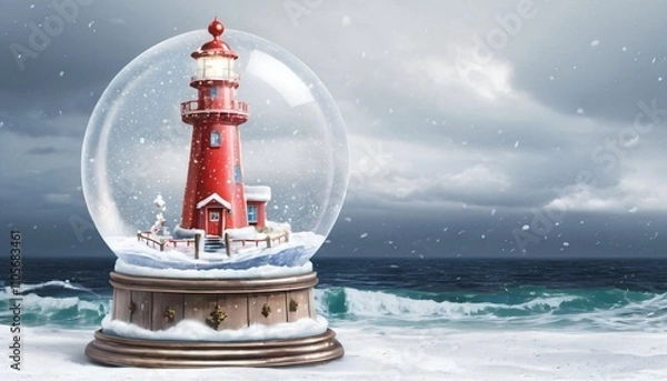 Obraz Snowy Lighthouse Snow Globe, Christmas lantern on the beach