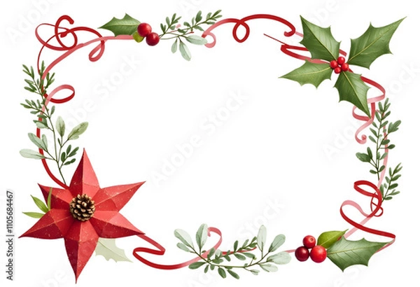 Fototapeta Various Christmas-themed elements including pine branches, holly berries, reindeer, Christmas trees, gifts, and other festive decorations