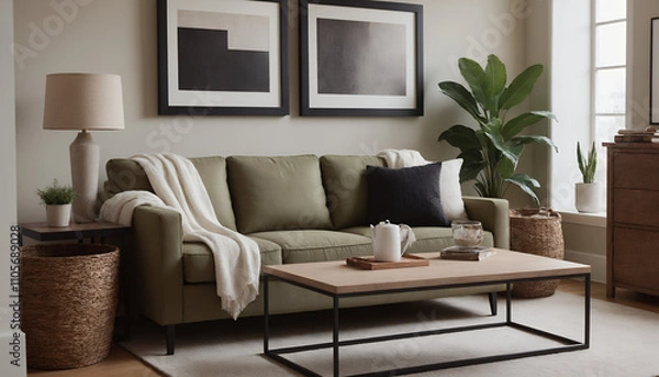 Fototapeta A modern living room with a sofa against a soft colour wall featuring vertical poster frames in wooden frame borders 3d illustration template.