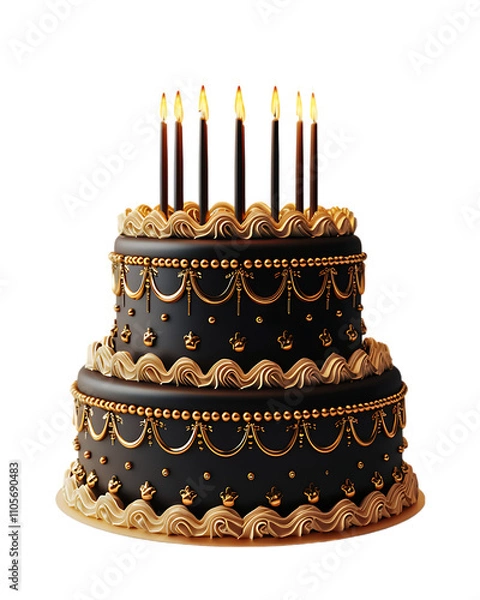 Fototapeta Elegant Black and Gold Two-Tier Birthday Cake with Candles - 3D Render - Transparent PNG