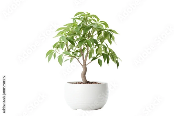 Fototapeta A healthy money tree in a ceramic pot with well-defined leaves and an elegant shape, standing alone on a white background.