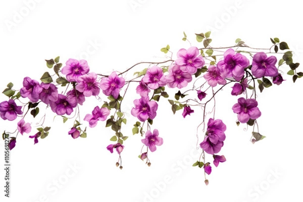 Fototapeta A graceful vine adorned with multiple hanging purple flowers, each in full bloom and creating a rich, textured appearance. Isolated on white background