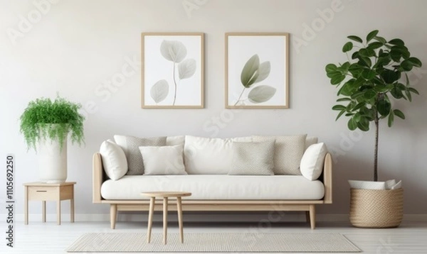 Fototapeta living room interior  living room with design mint sofa, furnitures, mock up poster map, plants and elegant personal accessories