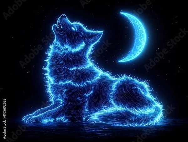 Fototapeta Neon Wolf Howling at Glowing Crescent Moon on Ethereal Black Background