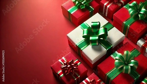Fototapeta Festive Christmas-themed background featuring beautifully wrapped gift boxes and ribbons in classic holiday colors of red, green, and white. A cheerful and vibrant design.