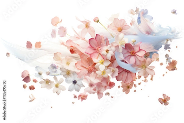 Fototapeta A burst of mixed flower petals in pastel tones falling in an elegant, scattered arrangement, isolated on white background