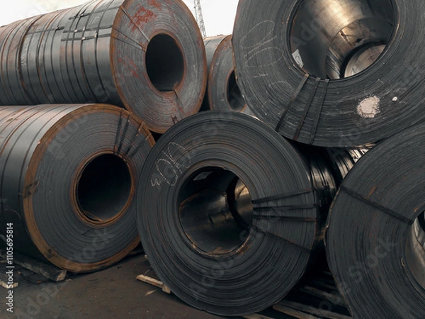 Fototapeta Steel rolls. A roll of sheet iron. Hot rolled steel rolls are stored outdoors. Sheet metal in the port. Steel rolls are available in stock. Rolls of steel sheet.