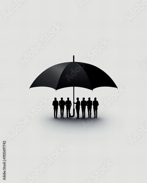 Fototapeta Silhouettes of a group of people standing together under a large black umbrella. The image symbolizes protection, teamwork, security, unity, and support