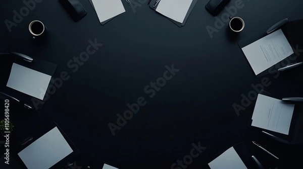 Fototapeta Overhead view of a conference table with documents and coffee cups arranged neatly around the perimeter, creating an open space in the center