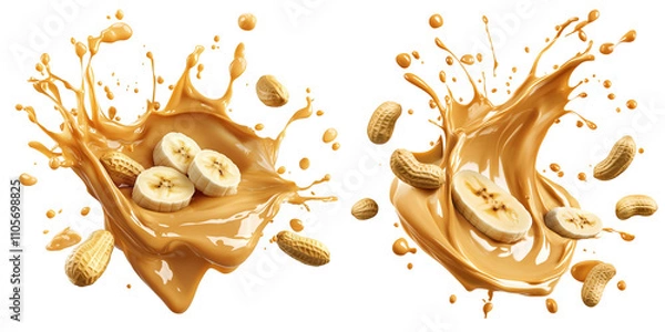 Fototapeta Peanut Butter Splash with Banana Slices and Peanuts in Motion, cutout, isolated on white background