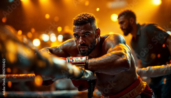 Obraz A boxer leans against the ropes in the ring, catching their breath between rounds, surrounded by their coach and team, offering support and encouragement in a tense, high-energy moment.