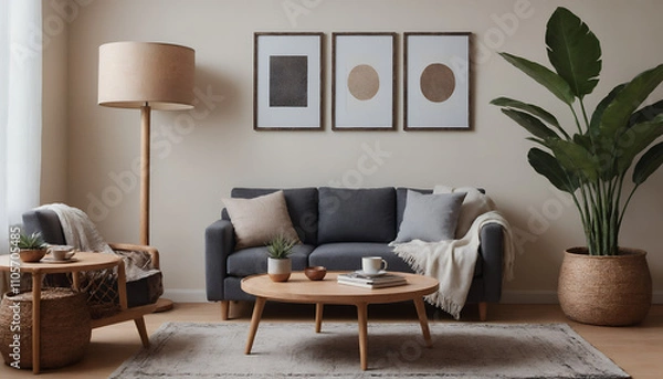 Fototapeta A modern living room with a grey colour sofa against a soft colour wall featuring vertical poster frames in wooden frame borders 3d illustration template
