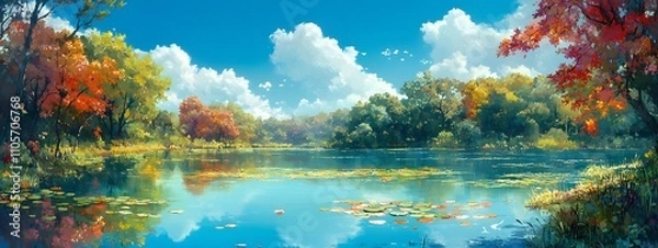 Fototapeta A serene lake with clear, crystal-clear waters surrounded by lush greenery and vibrant autumn foliage reflecting in the water's surface