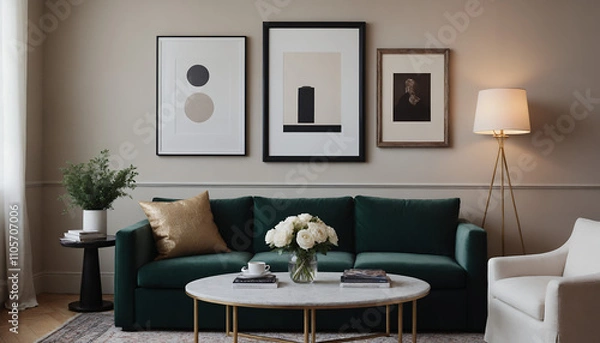 Fototapeta A modern living room with a dark green sofa against a soft colour wall featuring vertical poster frames in wooden frame borders 3d illustration template