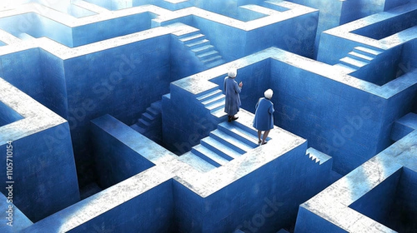 Fototapeta Senior women exploring complex blue maze with stairs, symbolizing challenges of aging