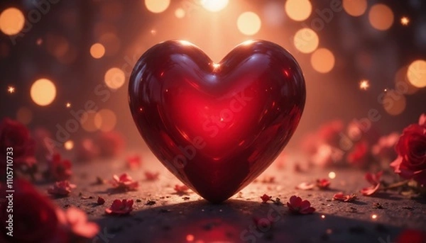 Obraz Romantic Background Image with Glossy Red Heart on Textured Surface, Illuminated by Warm-Toned Bokeh Lights - Perfect for Party Decor, Love Cards, Birthdays and Special Events
