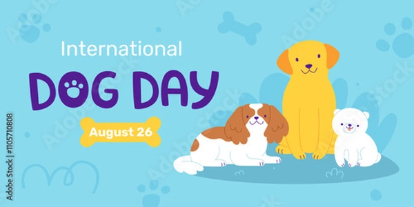 Fototapeta Dog day banner template with cartoon puppy. Vector dog day poster with purebred dogs.
