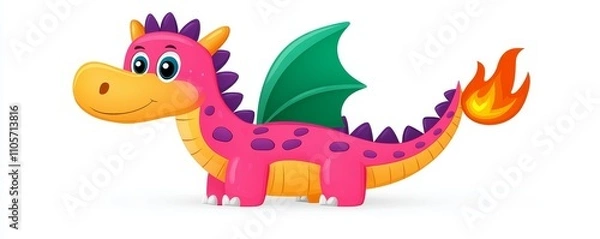 Fototapeta Mythical dragons, magical beings with tails and wings, depicted in modern cartoon illustrations as fire-breathing monsters from medieval mythology. These fantasy red and green flying creatures are