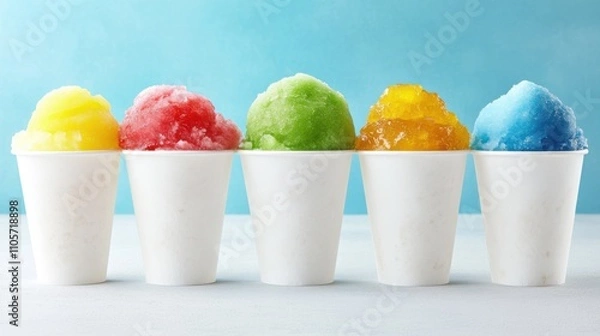 Fototapeta Colorful snow cones in white cups against a light backdrop, showcasing vibrant flavors ideal for summer treats.