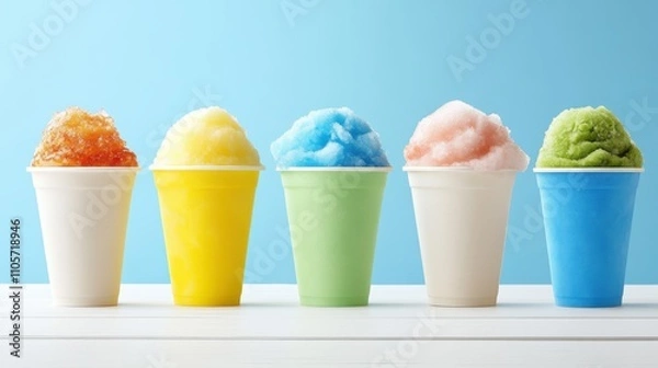 Fototapeta Colorful snow cones in cups, showcasing vibrant flavors against a light blue background, perfect for hot summer days.