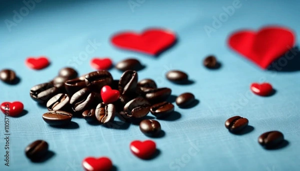 Fototapeta Coffee beans on blue linen tablecloth with red heart. 