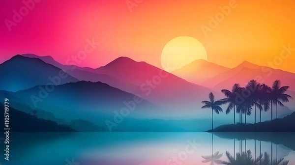 Fototapeta Stunning Depiction of a Tropical Sunset Over Mountains with Silhouetted Palm Trees and Reflections on Calm Water in Vibrant Colors