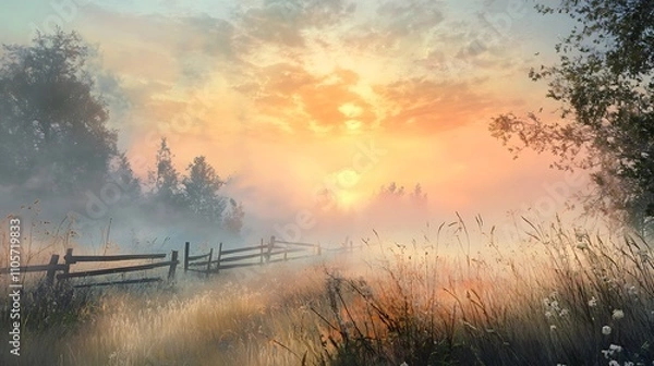 Fototapeta A sunrise over a foggy meadow with a wooden fence and tall grass