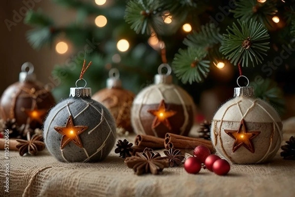 Fototapeta Handmade eco-friendly Christmas decorations made from natural materials like wood, buttons, glass, twine, pine cones,candles, seashells and cinnamon sticks, adding charm to holiday celebrations.