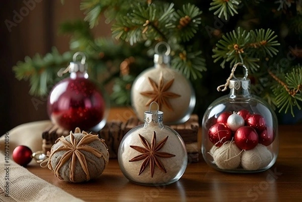 Fototapeta Handmade eco-friendly Christmas decorations made from natural materials like wood, buttons, glass, twine, pine cones,candles, seashells and cinnamon sticks, adding charm to holiday celebrations.