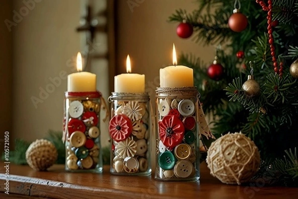 Fototapeta Handmade eco-friendly Christmas decorations made from natural materials like wood, buttons, glass, twine, pine cones,candles, seashells and cinnamon sticks, adding charm to holiday celebrations.