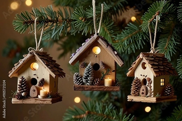 Fototapeta Handmade eco-friendly Christmas decorations made from natural materials like wood, buttons, glass, twine, pine cones,candles, seashells and cinnamon sticks, adding charm to holiday celebrations.