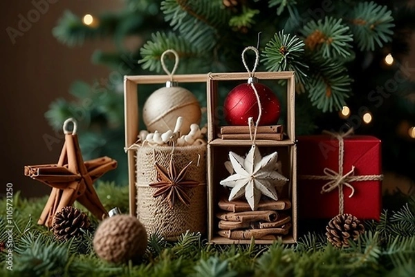 Fototapeta Handmade eco-friendly Christmas decorations made from natural materials like wood, buttons, glass, twine, pine cones,candles, seashells and cinnamon sticks, adding charm to holiday celebrations.
