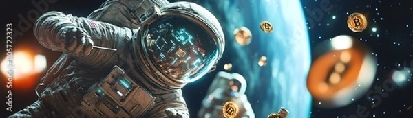 Fototapeta Worms-eye view of astronauts trading cryptocurrency amidst cosmic wonders, vibrant digital art style, mesmerizing details