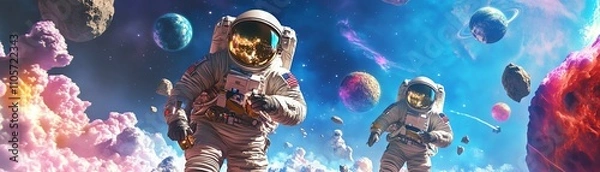 Fototapeta Worms-eye view of astronauts trading cryptocurrency amidst cosmic wonders, vibrant digital art style, mesmerizing details