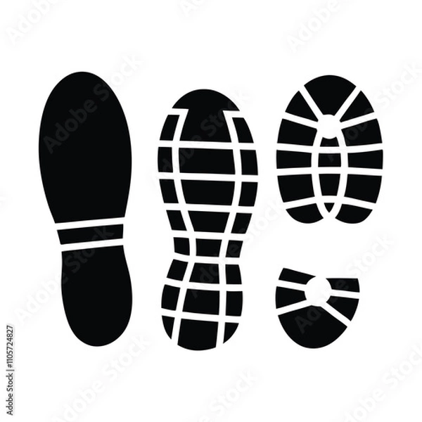 Fototapeta Three shoe prints are shown on a white background. The leftmost print is the largest and has a black sole