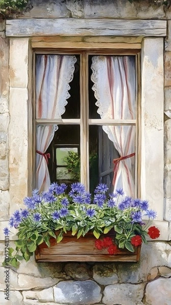 Obraz A window box filled with blue agapanthus and red geraniums adorns the stone wall of an old French country cottage